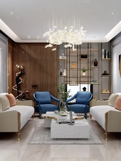 A render of an elegant living room with a sophisticated material palette. The design features classic wall paneling, a statement chandelier, and a mix of neutral and blue furniture for a timeless, upscale look.