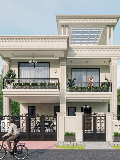 This two-story residence is a harmonious fusion of classic and modern design. We used fluted columns to lend a stately charm, while intricate floral railings on the upper balcony add an artistic touch.