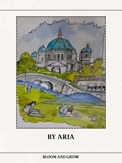 Aria's sketch of the Berlin Dome, focusing on the people enjoying the park in front of the historic monument.