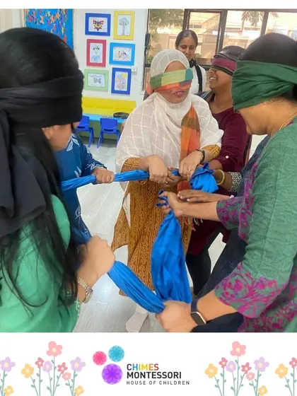A blindfolded team-building exercise teaches trust, communication, and collaboration among our staff.