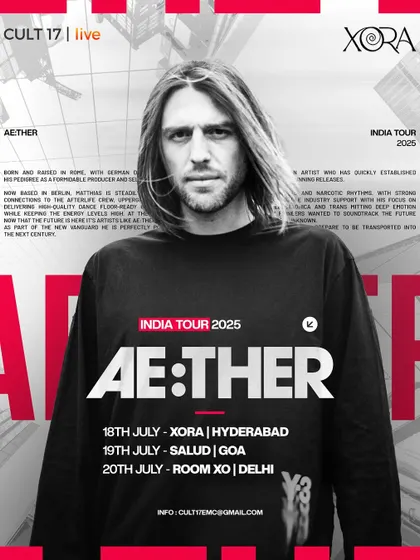 This poster for AE:THER's 2025 India tour lists dates in Hyderabad, Goa, and Delhi, demonstrating our expertise in organizing multi-city tours for international artists.
