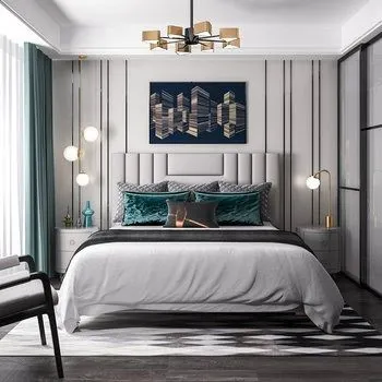A stylish bedroom with a vertical-paneled wall and a tufted headboard. The design is accented with modern globe pendant lights and a contemporary chandelier.