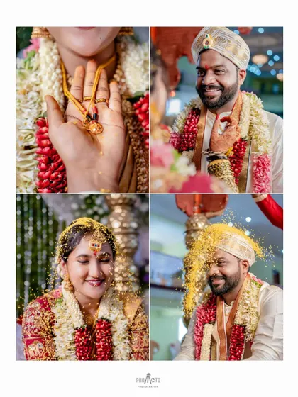 A collage of key wedding moments: the mangalsutra, and the 'talambralu' or rice showering ritual.