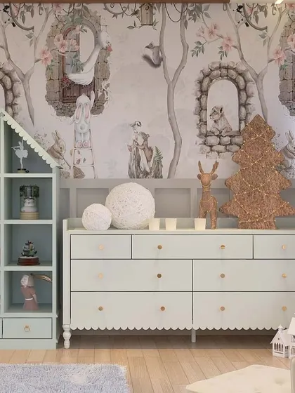 We designed this storage and play unit for a kids' room in Gurgaon. The house-shaped bookshelf and scalloped-edge dresser add a whimsical touch, providing plenty of space for toys, books, and clothes.
