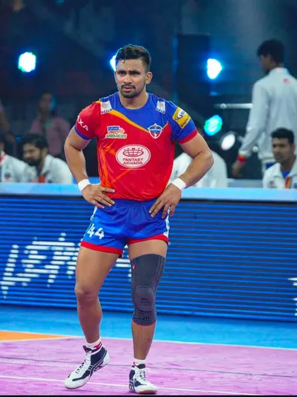 One of my senior players, Ashu Singh, on the mat during a Pro Kabaddi League match, representing Dabang Delhi.
