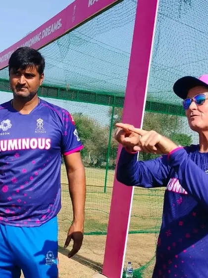 A moment of discussion on the field with an international coach from the Rajasthan Royals staff. I believe in constant learning, both for my players and for myself.