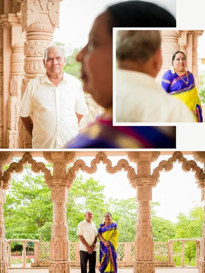 A collage from a golden anniversary photoshoot, using creative angles and compositions to capture the couple's story within a beautiful setting.