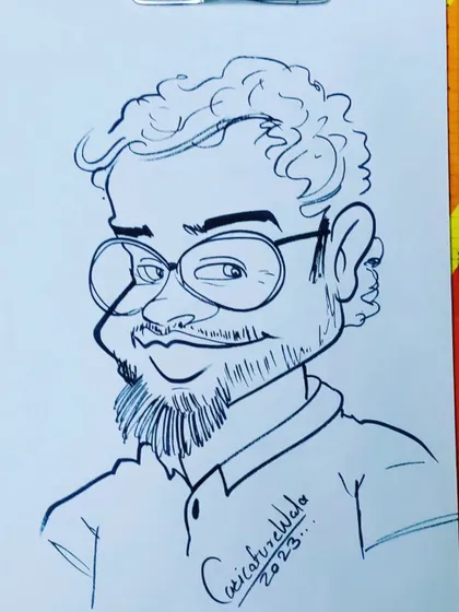 A funny caricature of a man with curly hair and glasses. I love the cheerful expression.