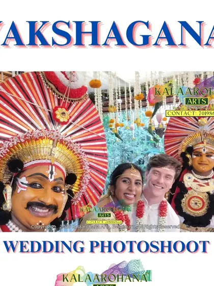 Beyond entries, we also arrange for Yakshagana artists to be part of wedding photoshoots. This allows couples to capture unique memories and add a touch of traditional artistry to their wedding album.