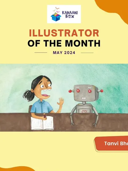 Meet our Illustrator of the Month, Tanvi Bhat. This image showcases one of her whimsical illustrations, featuring a girl and a robot.