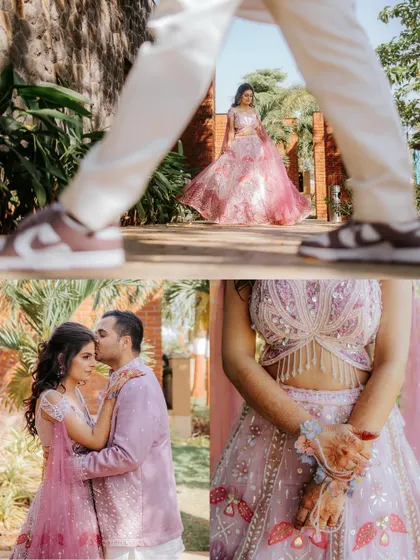 A creative and detailed collage from the "Carnival of Love," featuring unique angles and close-ups of the couple's outfits and interactions.
