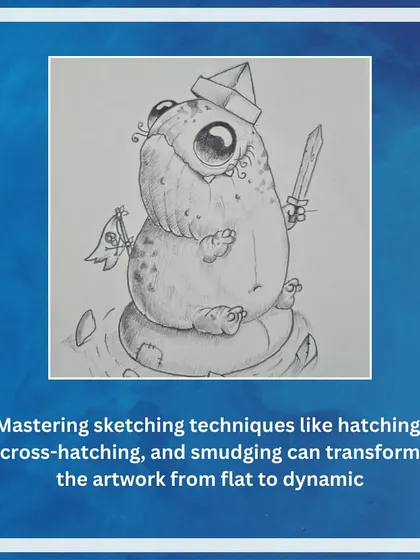 Mastering techniques like hatching, cross-hatching, and smudging can transform a flat drawing into a dynamic one, as shown in this character sketch.