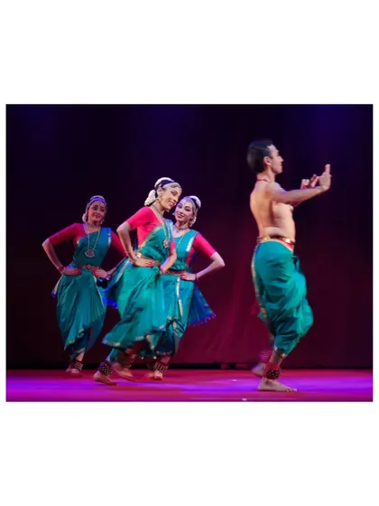A scene from 'Tyāgarāja Hṛt Sadana' where I lead the ensemble. My choreography for group productions focuses on creating a seamless flow of energy and storytelling.