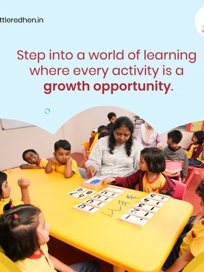 A teacher guides a group of attentive students in a classroom activity. At Little Red Hen, we believe every moment is an opportunity for growth and learning.