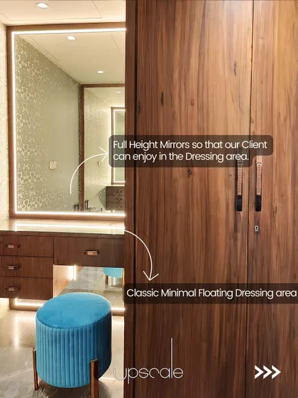 We included a full-height mirror and a minimal floating dressing table to ensure the client has a spacious and enjoyable area for their daily routine.