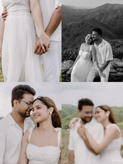 A collage of intimate and scenic moments from a pre-wedding shoot in the hills of Udaipur, captured in both color and monochrome.