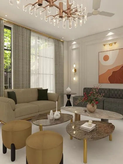 In this spacious living room, we used customized furniture to fit the scale of the room. The combination of different sofa styles and nested coffee tables creates a luxurious and well-proportioned layout.