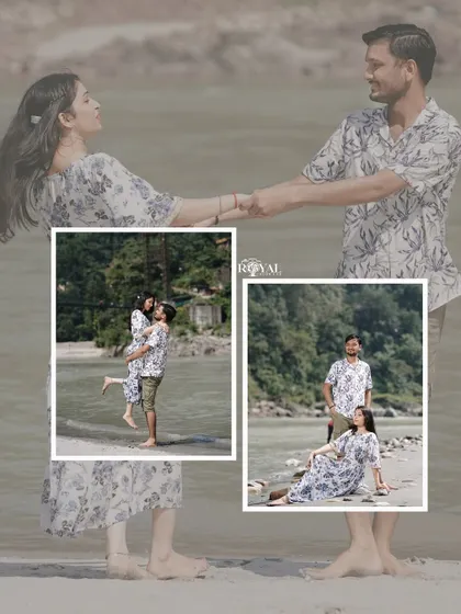A collage of a couple in matching floral outfits, capturing their playful and romantic interactions on the riverbank.