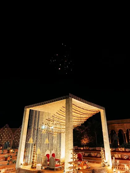 The wedding mandap under the stars, a simple yet powerful image of the sacred space where two people begin their journey together.