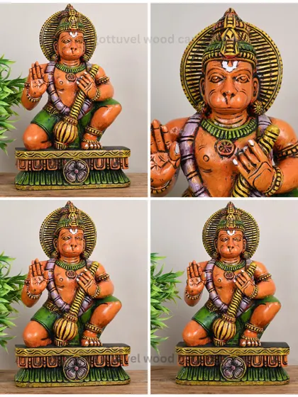 A collage of our hand-painted wooden Lord Hanuman statue, showing the vibrant colors and reverent pose from multiple angles. This smaller idol is perfect for a personal altar.