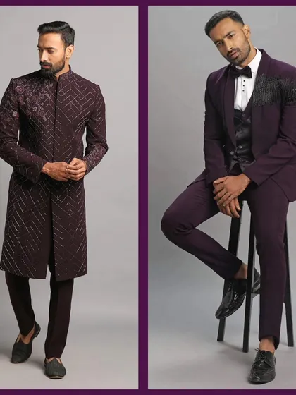 A burgundy embroidered sherwani and a matching three-piece suit. Perfect for a coordinated groom and groomsmen look.