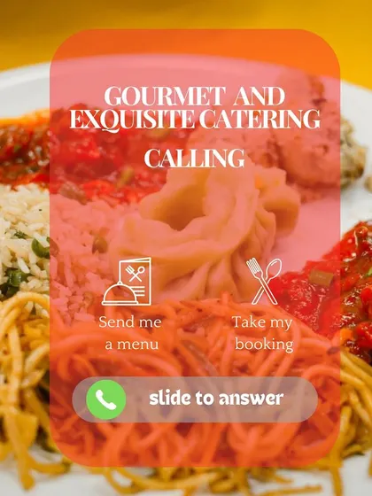 A gourmet and exquisite catering experience is calling. This graphic is a creative invitation to explore our menu and book our services for your next event.
