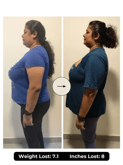 Chira lost 7.1 kgs and 8 inches in 6 weeks. She went from zero physical activity and erratic sleep to consistent gym sessions, balanced meals, and quality sleep.