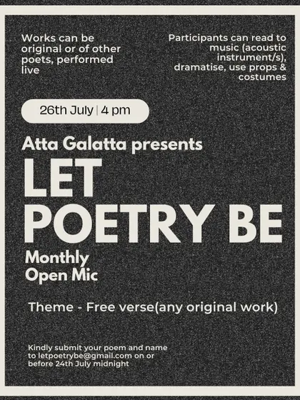 Our 'Let Poetry Be' monthly open mic is a space where words breathe. We welcome all forms and languages, celebrating every voice in our vibrant poetry community.