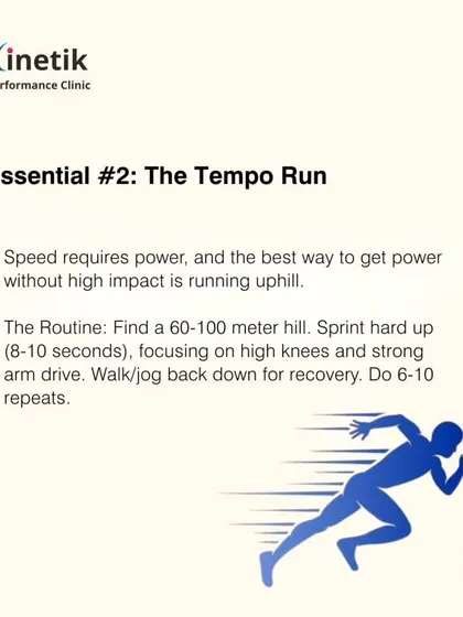 Essential number two is the Tempo Run. These "comfortably hard" efforts train your body to clear metabolic waste more efficiently, delaying fatigue and increasing your lactate threshold.