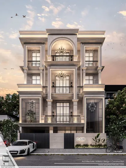 Another view of a proposed elevation in Vikaspuri, showcasing the dramatic effect of the double-height windows and recessed balconies adorned with elegant chandeliers.