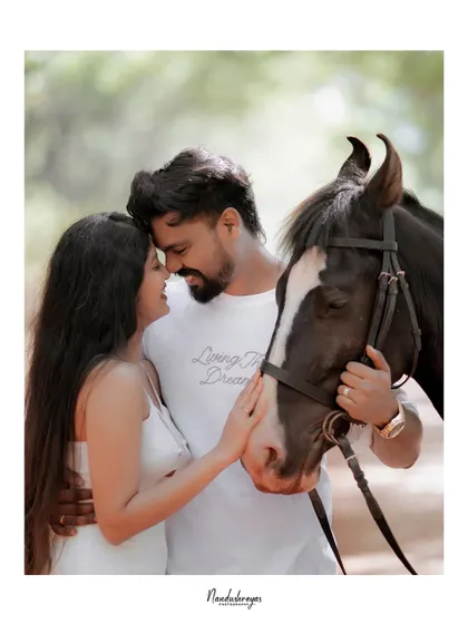 A close-up shot of the couple and the horse, focusing on their gentle interaction and the bond they share.