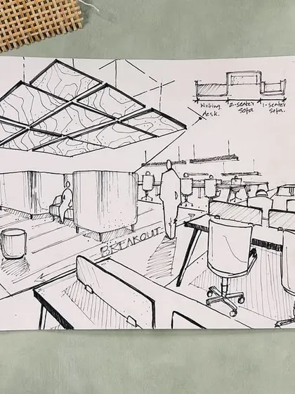 An identical image of the initial office sketch, surrounded by material samples. This illustrates how we combine early-stage visualization with tangible material selection.