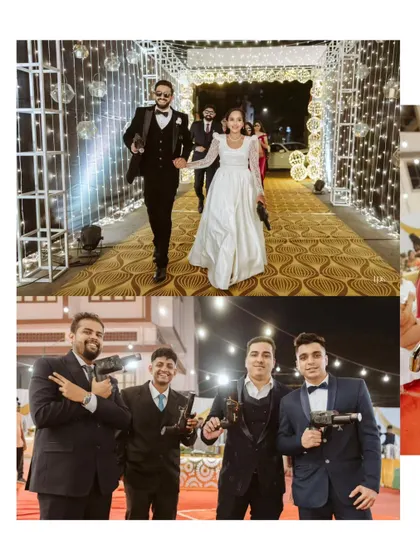 The 'groom's squad' gets in on the action, posing with the cold pyro guns. It's about creating fun, interactive moments that even the wedding party can be a part of.