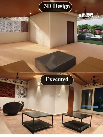 An interior view showing the seamless transition from 3D design to the executed space. The layout, furniture placement, and decorative wall panels all align with the initial plan.