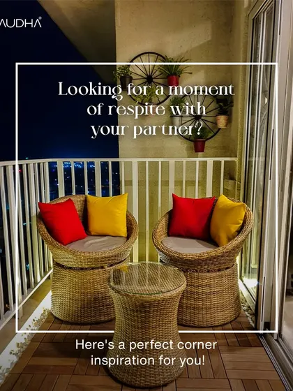 Looking for a moment of respite with your partner? This cozy corner with wicker chairs, colorful cushions, and a view of the city at night is the perfect inspiration.