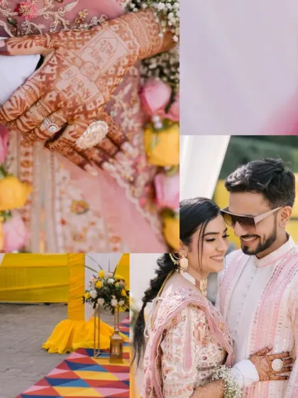 A collage showing a close-up of the bride's henna, a romantic couple shot, and the colorful decor of their Haldi event.
