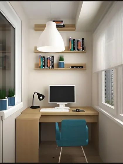 A simple and effective home office setup in an enclosed balcony. The L-shaped desk maximizes the corner space, while floating shelves and a stylish pendant light complete the look.