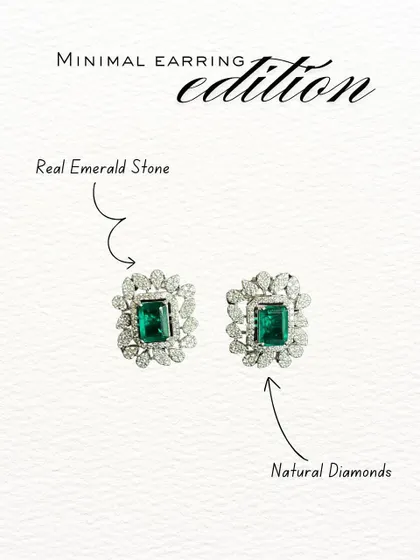 My minimal earring edition features these stunning studs with a real emerald stone surrounded by a halo of natural diamonds. They are refined, effortless, and always in style.
