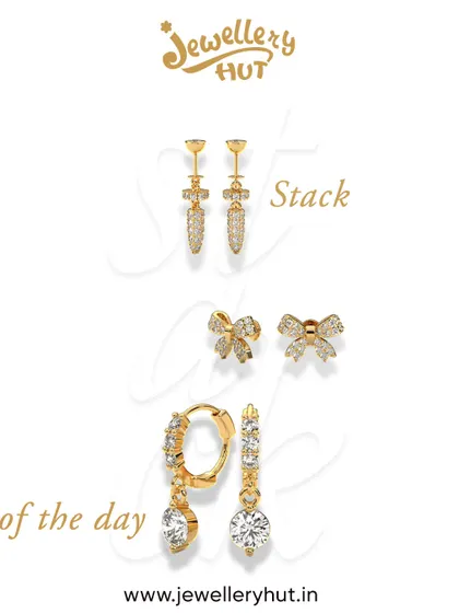 A "Stack of the Day" featuring a combination of our dagger-like hangings, bow studs, and sparkling drop hoops.