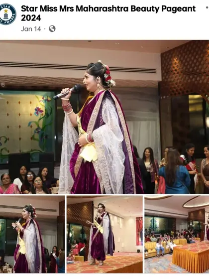 Me on stage at the Mrs. Maharashtra Beauty Pageant, showcasing a traditional Nauvari look that I teach in my academy.