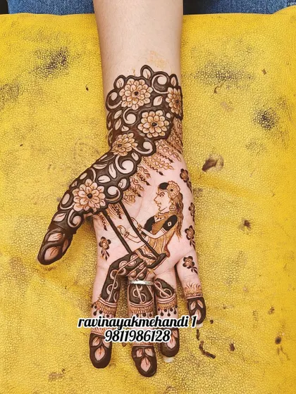 A lovely Teej or Sawan festival design featuring a woman on a swing ('jhula'). The surrounding floral patterns and detailed finger work complete this traditional and celebratory piece.