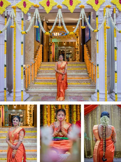 A collage showcasing a beautiful South Indian bride. From her grand entrance to the temple to close-ups of her traditional attire and braided hair, it tells the story of her wedding day look.