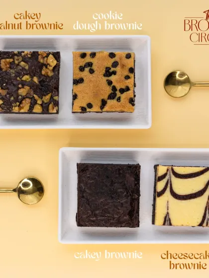 Exploring different textures and flavours. This selection shows our Cakey Walnut, Cookie Dough, classic Cakey, and Cheesecake brownies, showcasing the variety we offer.