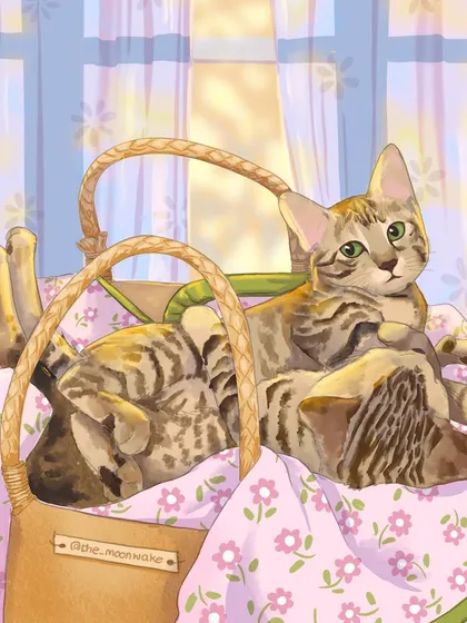 A playful moment captured in this digital pet portrait. I imagined these two cats, Marshmallow and Mozzarella, lounging in a basket on a sunny morning.