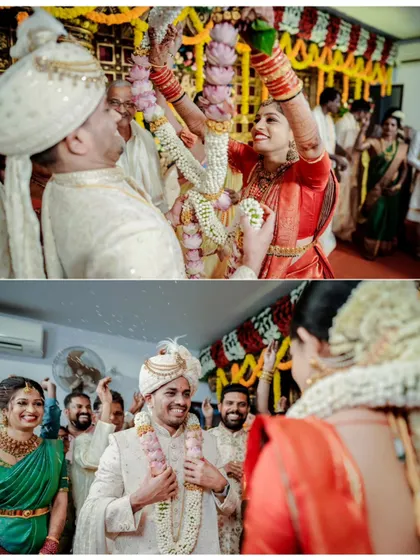 A collage of the fun and games during a wedding, including the garland exchange and the groom's playful reaction.