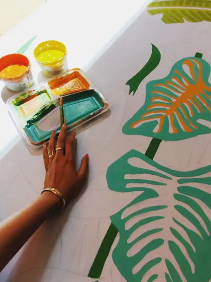 A snapshot of my paint palette for a tropical piece. I love mixing custom shades of green and turquoise to get the perfect vibe.