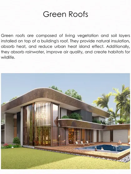 An infographic explaining the benefits of green roofs. Composed of living vegetation, they provide natural insulation, absorb heat and rainwater, and improve air quality.
