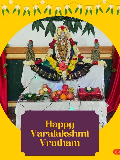 The beautifully decorated altar for our Varalakshmi Vratham celebration. Preparing for festivals is a community effort that brings everyone together with a sense of purpose and devotion.