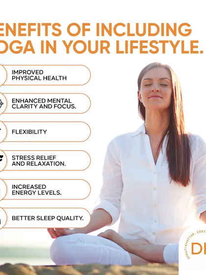 An infographic on the benefits of including yoga in your lifestyle, from improved physical health and flexibility to stress relief and better sleep.