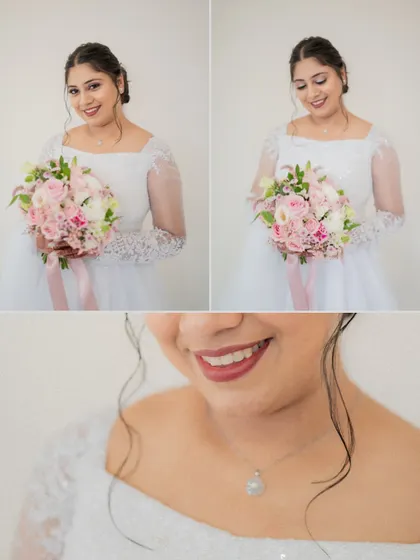 A collage showing the bride's happy expressions and a close-up of her smile and necklace, capturing her wedding day glow.